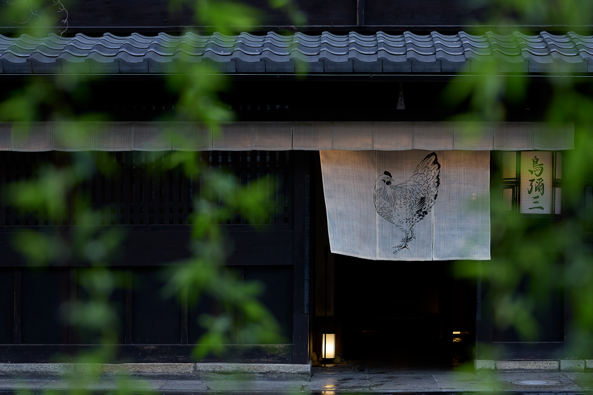 鳥彌三の暖簾と鶏の絵